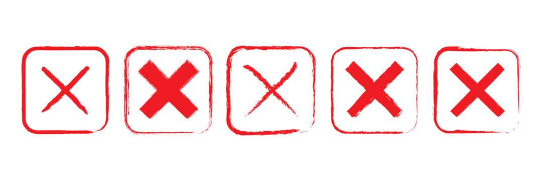 Hand-painted red wrong signs, red crosses brush strokes, abstract aversion icons, NO checkbox button,  vector. illustration, UI elements, interface design.