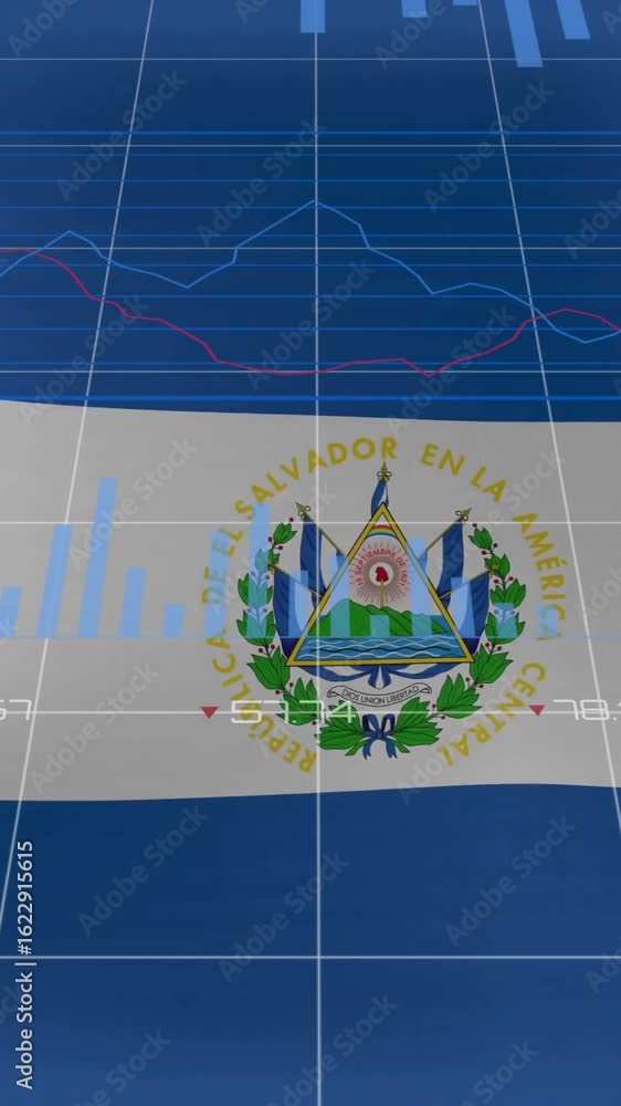 Poster animation of charts and data processing over flag of el salvador