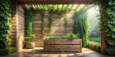 Serene Outdoor Patio with Wooden Planters and Lush Greenery, Bathed in Sunlight