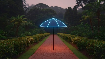 Umbrella with neon light design standing on garden road, vibrant outdoor scene with glowing accents