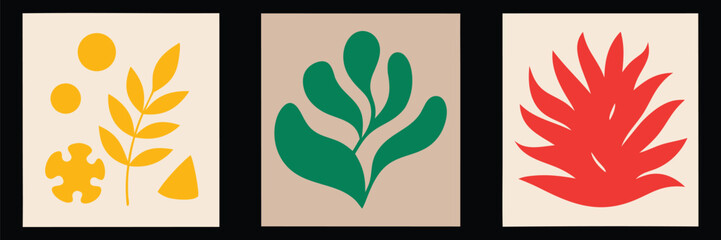 Matisse Abstract Botanical Poster Vector Set. Modern Colorful Cut Out Wall Art Print. Minimalist Leaf and Plant Shape Illustration for Contemporary Home Decor. Gallery Wall Collection.