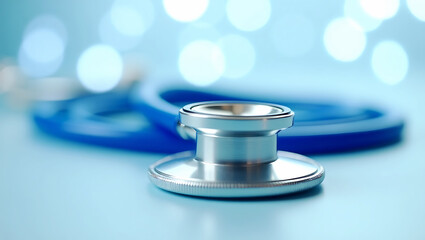 Close up of a blue stethoscope on a light blue surface