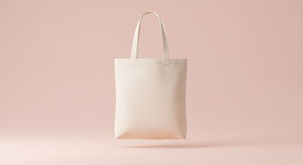 A blank, beige tote bag with handles floats against a soft pink background.