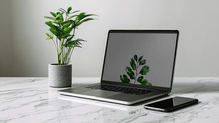 Laptop mockup with green leaves on white background concept. A minimalistic workspace with a laptop and a potted plant.