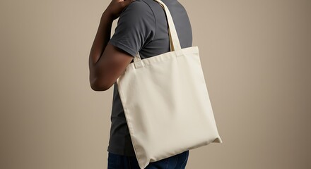 Person carrying a blank canvas tote bag.