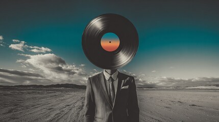 Surreal artistic composition of a suited figure with a vinyl record replacing the head, standing in a desolate landscape with dramatic sky and distant mountains