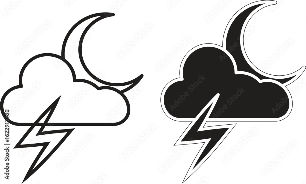 Poster crescent moon with thundercloud icon representing thunderstorm during night or bad weather with tran