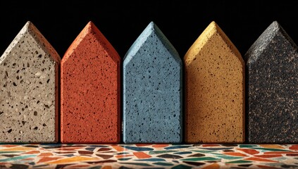 Five small, pointed houses in various colors stand in a row on a mosaic tabletop against a dark background