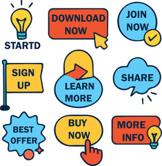 "Hand-Drawn Call-to-Action Icon Set Featuring Download Now, Buy Now, Learn More, Sign Up, Best Offer, Share, and More for Digital Marketing, Web Design, Social Media, and Ecommerce – Creative Vector I