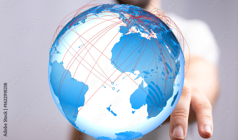 Poster image of a hand holding a digital globe, illustrating global connectivity and networking.
