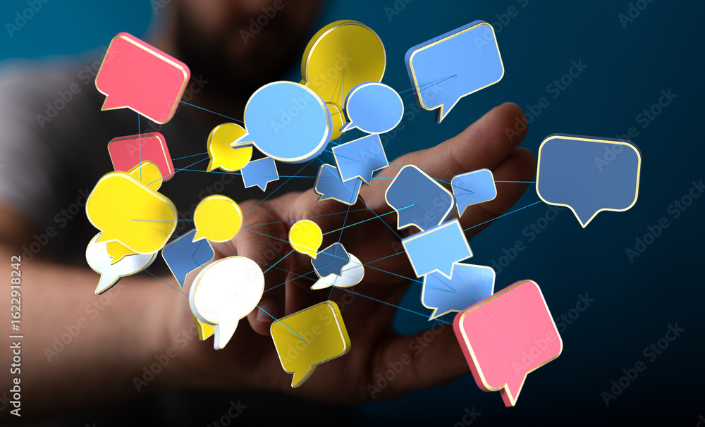 Poster image of interconnected speech bubbles, symbolizing global communication and networking.