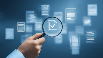 Document Inspection: A close-up of a hand holding a magnifying glass, revealing a checklist symbol. The image suggests a detailed examination and thoroughness. 