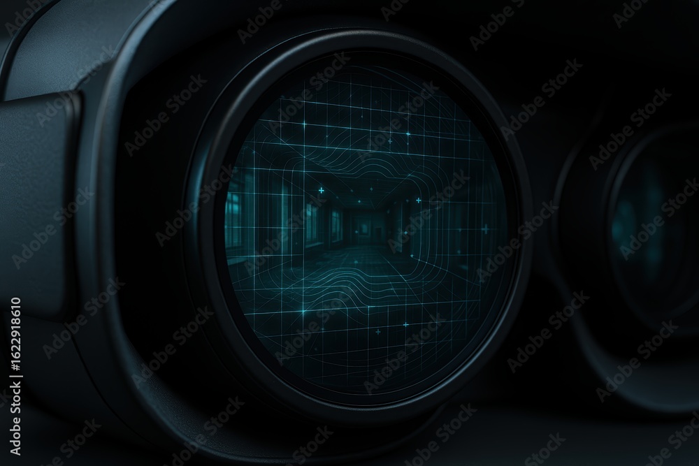 Poster Close-up of Futuristic Virtual Reality Headset with Digital Grid and Abstract Tunnel Visuals