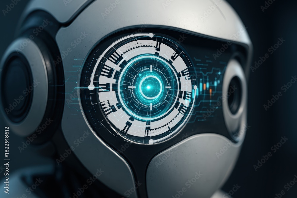 Poster futuristic robot face with high-tech display and futuristic design elements
