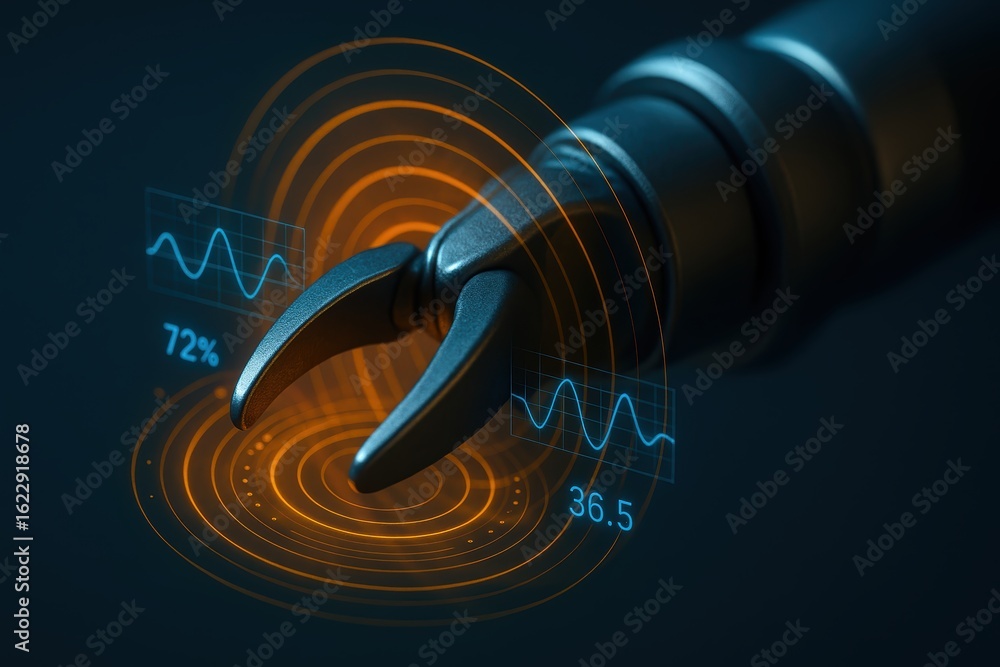Poster robotic gripper technology with data visualization and digital waveform display concepts