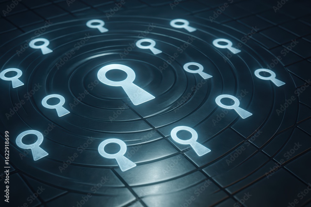 Poster modern digital keys with radiating circles on dark background representing security concept