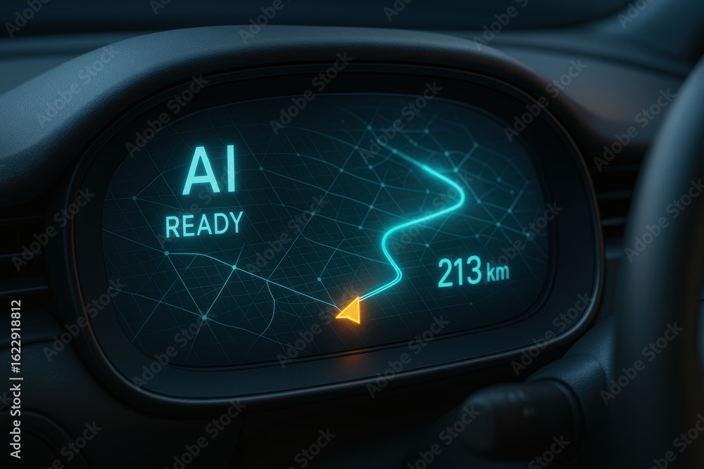 Poster ai navigation interface display with distance and route information in modern vehicle dashboard