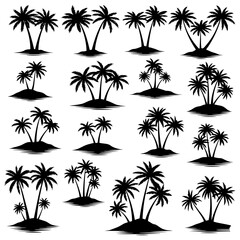 Fototapeta premium Collection of black silhouette palm trees on small islands with water tropical beach