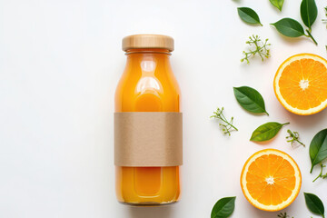 Fresh orange juice in a glass bottle with a wooden cap and paper label, surrounded by fresh orange slices and green leaves, isolated on white background