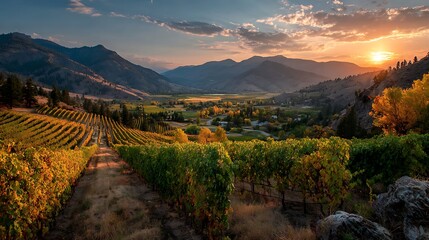 Sunset over vineyard rows stretching into the valley, scenic wine country evening view