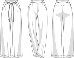 Women's wide leg pants front and back view, fashion flat sketch, technical drawing template, casual trousers vector apparel design cad.