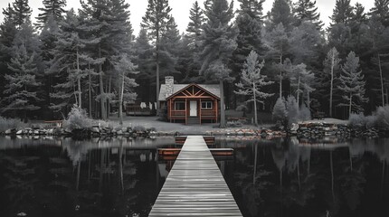 Fototapeta premium Wooden Pier with Log Cabin by Lake
