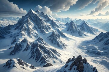 Breathtaking view of snow capped mountains under a partly cloudy sky for travel inspiration and adventure
