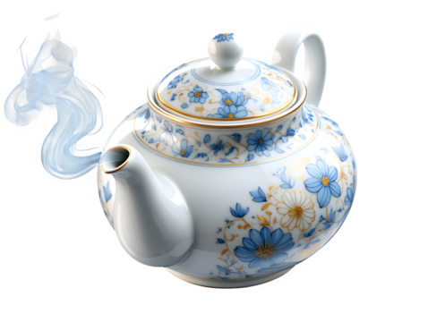 Steaming porcelain teapot with blue floral pattern