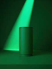 A minimalist green cylinder object illuminated by a bright green spotlight beam in a dark studio setting, creating a modern and clean aesthetic