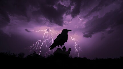 Dark Bird Silhouette Against Purple Sky Backdrop with Lightning Bolts