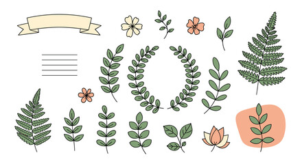 Beautiful Assorted Botanical Elements Including Ferns Laurel Wreaths and Flowers Perfect for Delicate Designs