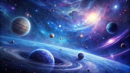 Obraz premium A Celestial Tapestry Planets Orbiting a Spiral Galaxy in a Vivid Cosmic Dance of Light and Color