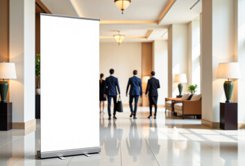 A clean, modern interior space featuring a blank whiteboard or billboard in a hallway. Roll up, blank banner in the lobby of a business center.