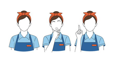 Three women in blue shirts and aprons thinking gesturing with fingers and pointing isolated on white background