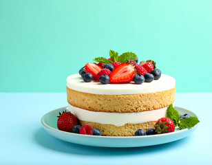 A delicious layered cake topped with fresh berries, Elegant Berry Topped Cake.