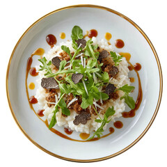 Creamy Arborio Risotto with Shaved Black Truffles and Micro Arugula Drizzled with Truffle Oil