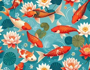 Pattern Seamless Koi Japanese Traditional Style. Colorful Japanese Koi Pattern Design. 