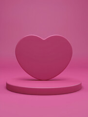 A pink heart shape sits on a round pedestal in a studio with a pink background, symbolizing love and romance