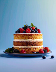 Fresh Berry Layer Cake on Minimalist Plate with Pastel Background.