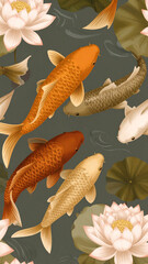 Colorful koi fish swim among lily pads. 