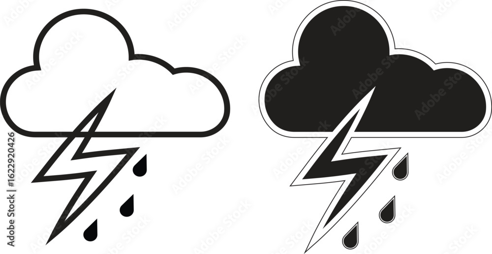 Poster cloud with rain and lightning icon, severe storm weather forecast representation for apps, alerts an