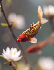 Colorful exotic fish swim among lily pads. beautiful small garden. 
