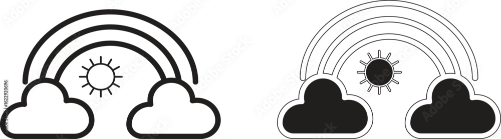 Poster rainbow icon with sun and clouds representing clear weather and optimism with transparent background