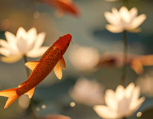 Close up colorful exotic fish swim among lily pads. beautiful small garden. 