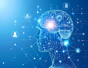 Brain inside head of human artificial intelligence digital wireframe dot vector illustration. 