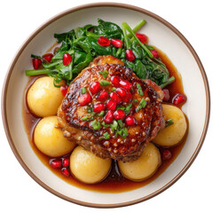 Crispy Skinned Duck Leg Confit with Orange Glaze and Potato Puree Quenelles Garnished with Greens and Pomegranate Seeds