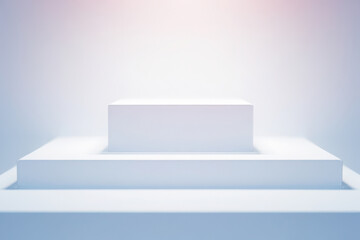 Clean white geometric podium display with multiple levels on a soft light gradient background