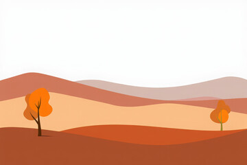 Minimalist autumn landscape with rolling hills, trees, and a warm color palette of orange and brown