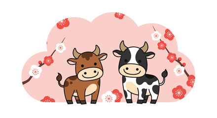 Naklejka premium Charming Oxen Celebrate Spring With Blossoming Plum Branches Together