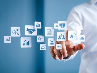 Business strategy and management concept with hand touching digital icons interface panel